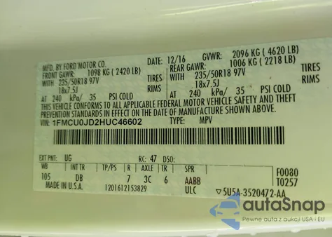 2017 Ford Escape Titanium из США, поврежденный, VIN 1FMCU0JD2HUC46602